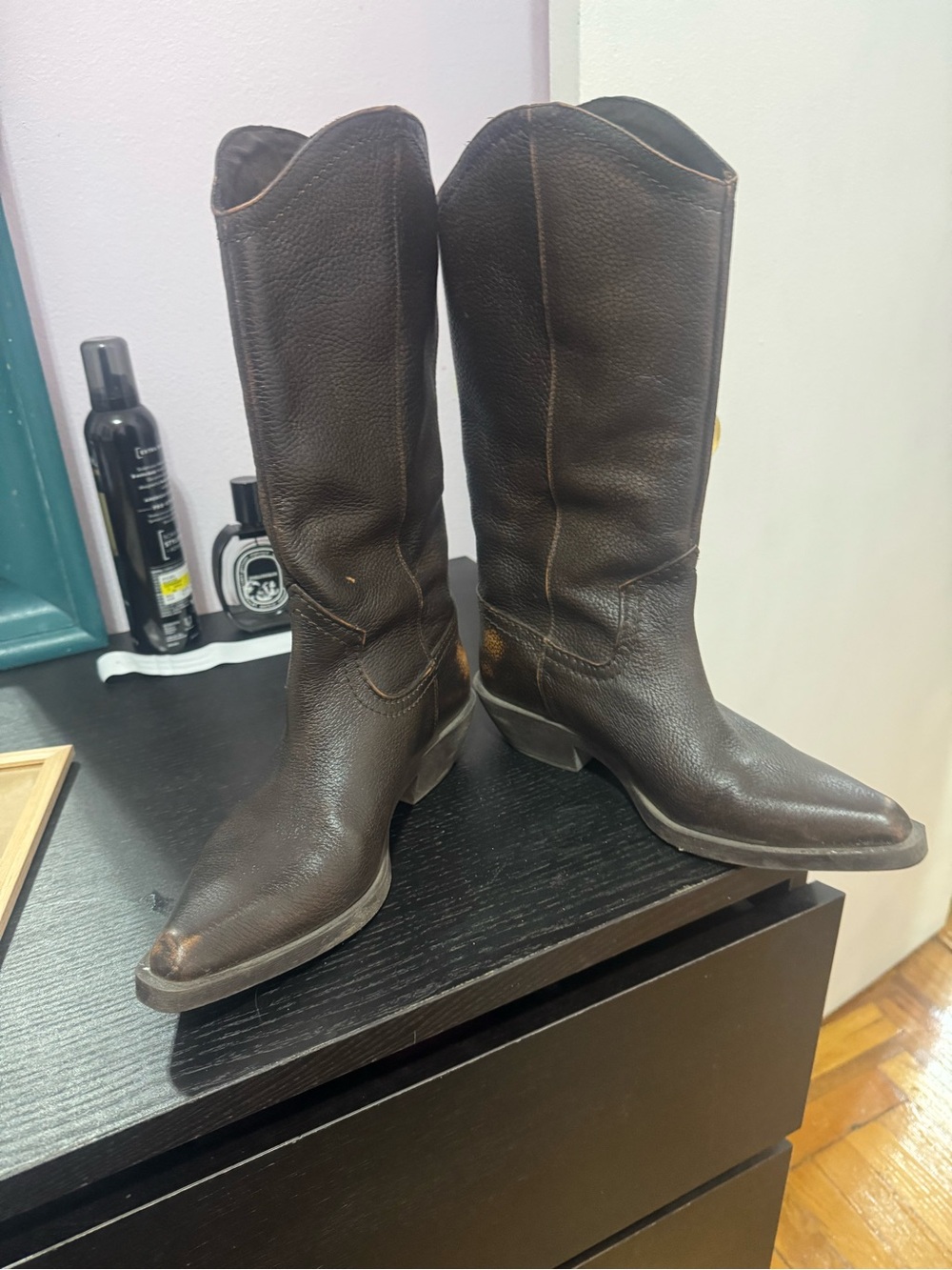 Zara Dark Brown Leather Cowgirl Booties